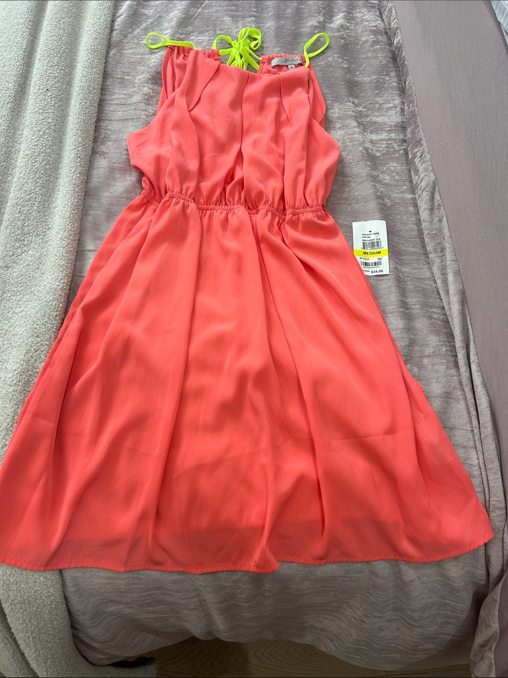 Juniors Coral Sleeveless Summer Dress with Neon Accent